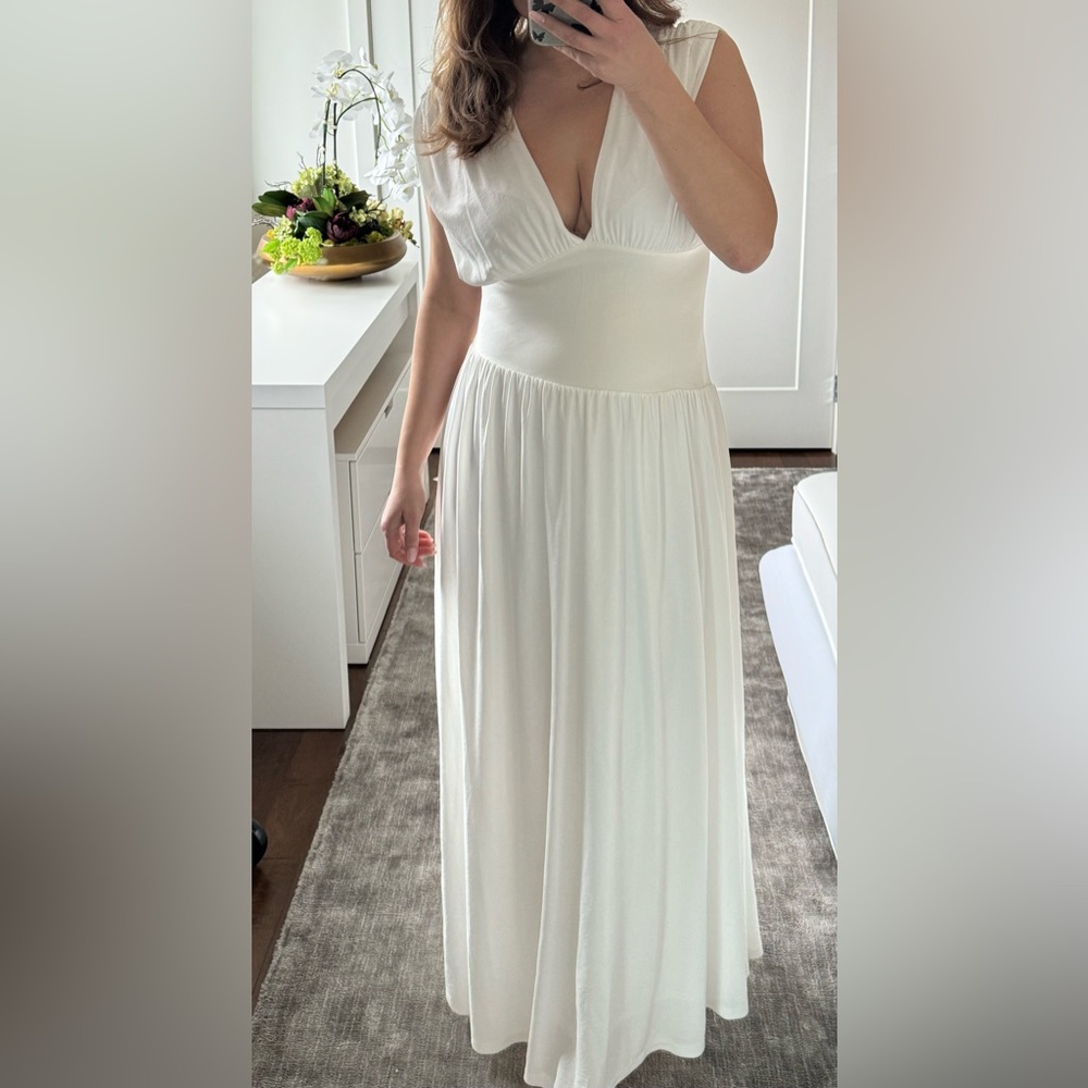 Zara White Deep-V Maxi Dress